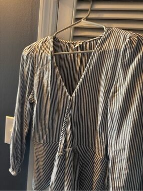 Old Navy Navy and White Striped V-Neck Blouse